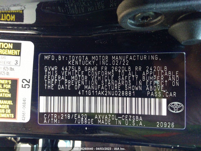 Toyota CAMRY SE 2022 4T1G11AK2NU028881 Image 11