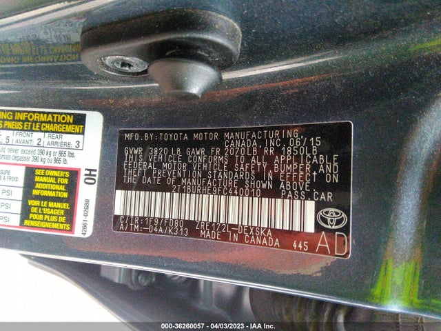 2015 TOYOTA COROLLA L/LE/S/S PLUS/LE PLUS VIN: 2T1BURHE9FC440010