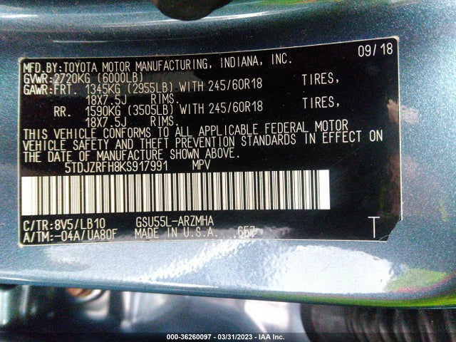 Toyota Highlander Xle 2019 5TDJZRFH8KS917991 Image 10