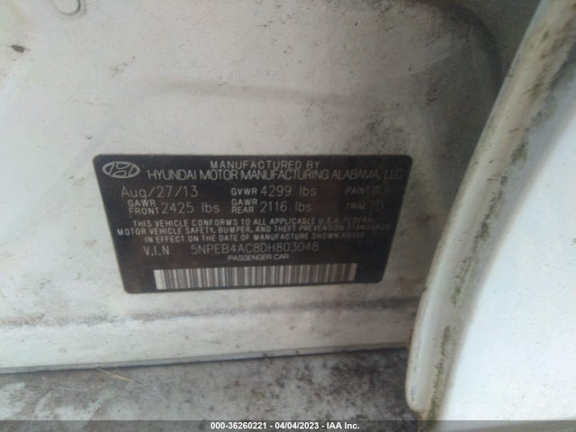 2013 HYUNDAI SONATA GLS VIN: 5NPEB4AC8DH803048