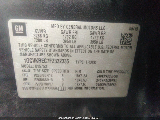 2015 CHEVROLET SILVERADO 1500 LT VIN: 1GCVKREC7FZ332335