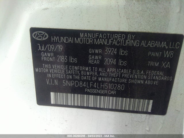 2020 HYUNDAI ELANTRA SEL VIN: 5NPD84LF4LH510280