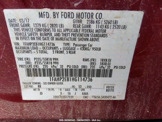 Ford TAURUS SEL 2017 1FAHP2E81HG114736 Image 10