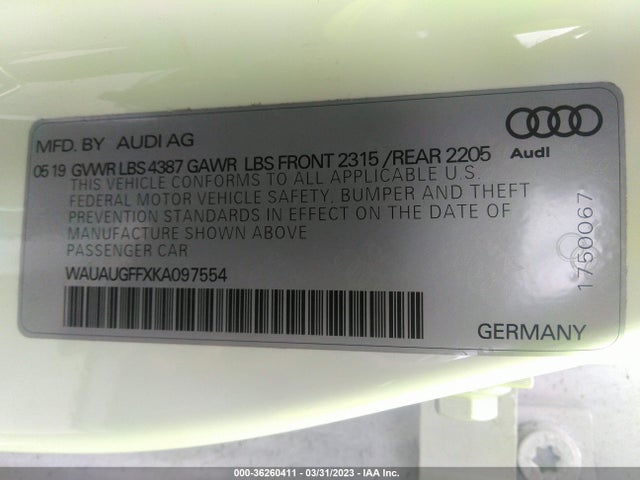 WAUAUGFFXKA097554 Audi A3 Sedan Premium/titanium Premium