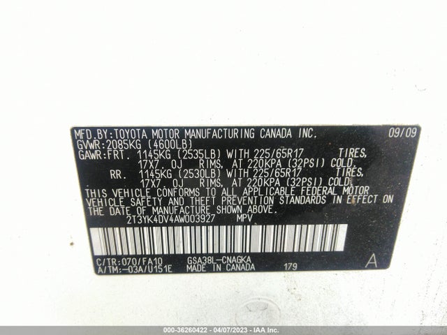 2010 TOYOTA RAV4 LTD VIN: 2T3YK4DV4AW003927