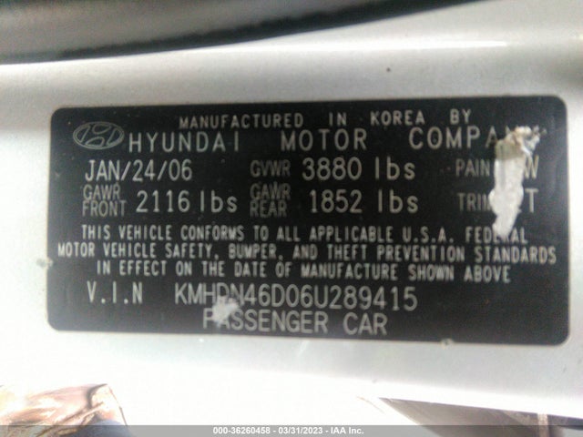 2006 HYUNDAI ELANTRA GLS/LIMITED VIN: KMHDN46D06U289415