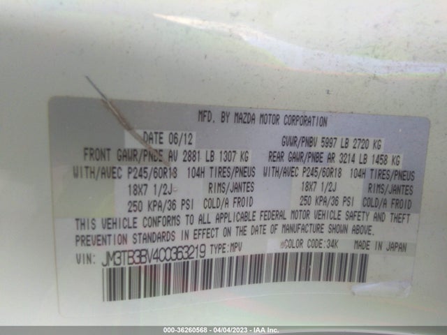 2012 MAZDA CX-9 SPORT VIN: JM3TB3BV4C0363219