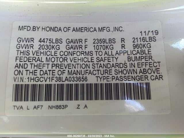 2020 HONDA ACCORD SEDAN SPORT VIN: 1HGCV1F38LA033656