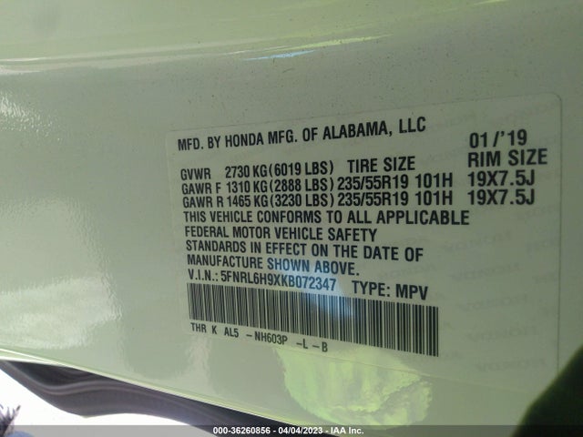 Honda Odyssey Elite 2019 5FNRL6H9XKB072347 Image 10