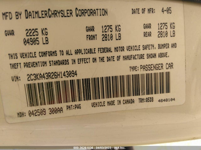 2006 CHRYSLER 300 VIN: 2C3KA43R26H143094