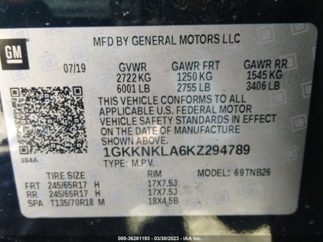 1GKKNKLA6KZ294789 GMC ACADIA SLE