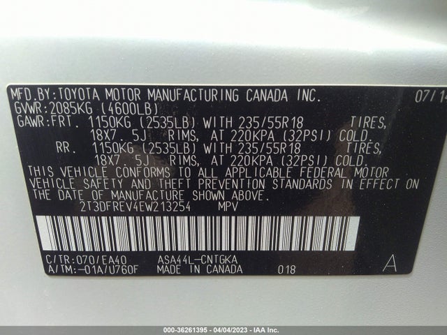 2014 TOYOTA RAV4 LIMITED VIN: 2T3DFREV4EW213254