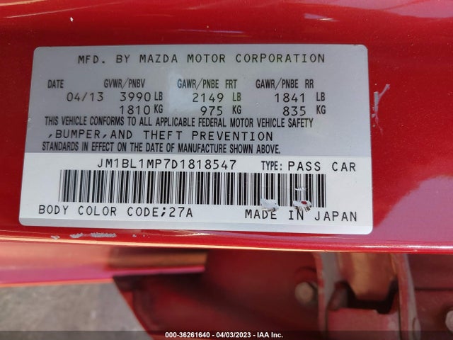 2013 MAZDA MAZDA3 I GRAND TOURING VIN: JM1BL1MP7D1818547