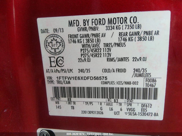 2013 FORD F-150 XLT/FX4/LARIAT/PLATINUM VIN: 1FTFW1E6XDFD58575