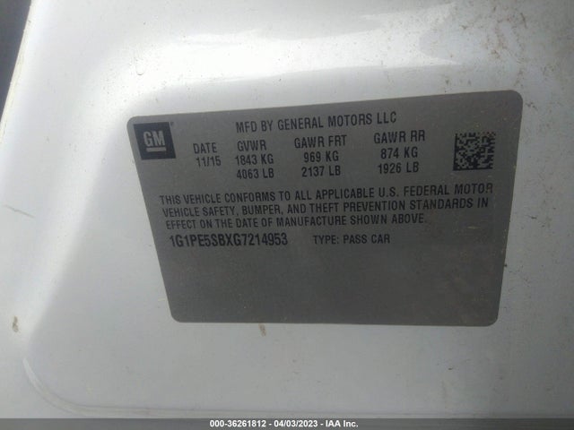 2016 Chevrolet Cruze, VIN: 1G1PE5SBXG7214953