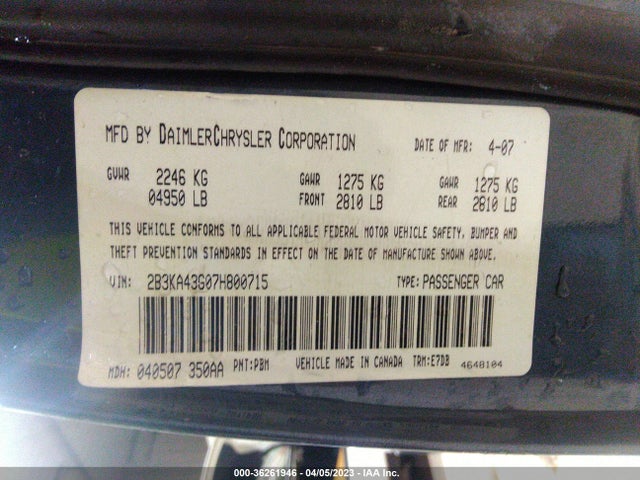 2007 DODGE CHARGER VIN: 2B3KA43G07H800715