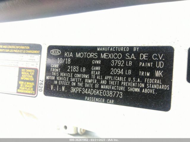 3KPF34AD6KE038773 KIA FORTE S