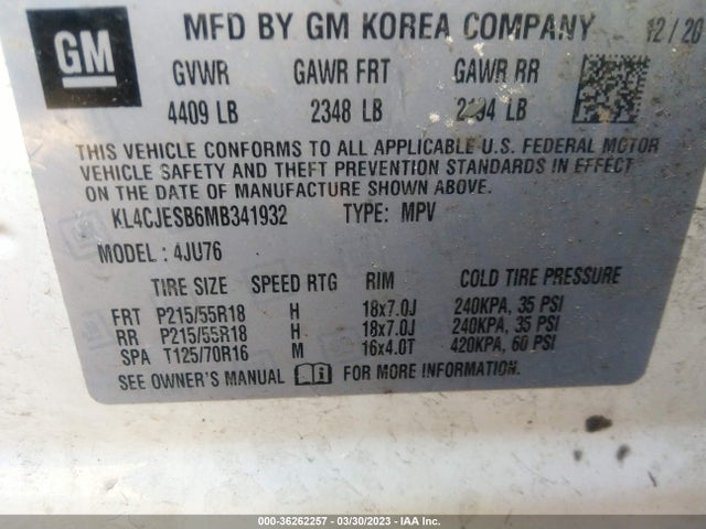 2021 BUICK ENCORE PREFERRED VIN: KL4CJESB6MB341932