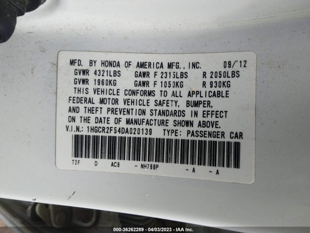 2013 HONDA ACCORD SDN SPORT VIN: 1HGCR2F54DA020139