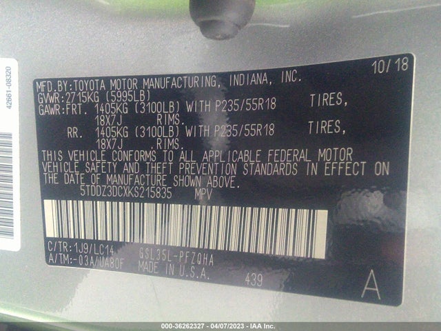 Toyota SIENNA XLE 2019 5TDDZ3DCXKS215835 Image 10