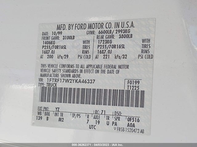 2000 FORD F-150 VIN: 1FTRF17W2YKA46337