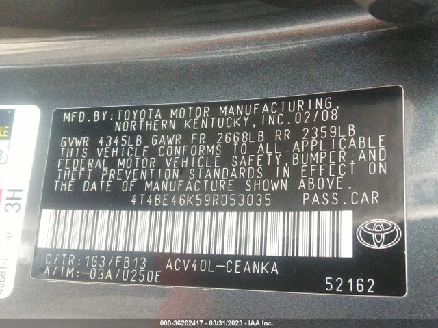2009 TOYOTA CAMRY VIN: 4T4BE46K59R053035