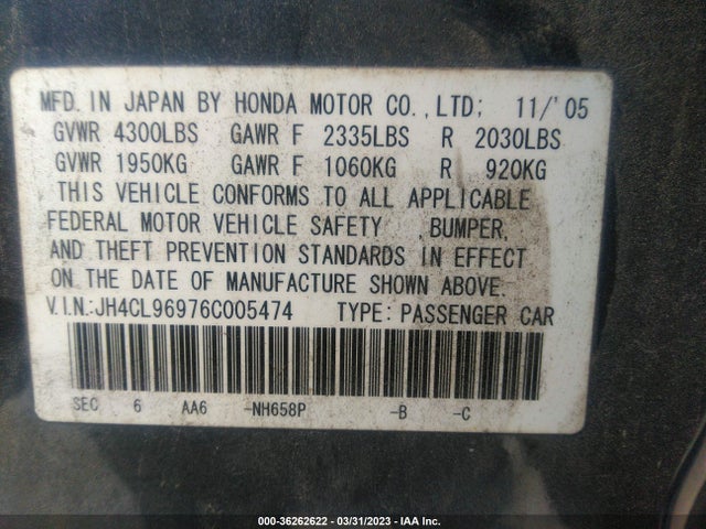 2006 ACURA TSX NAVI VIN: JH4CL96976C005474