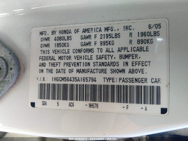 2005 HONDA ACCORD SDN LX VIN: 1HGCM56435A165794