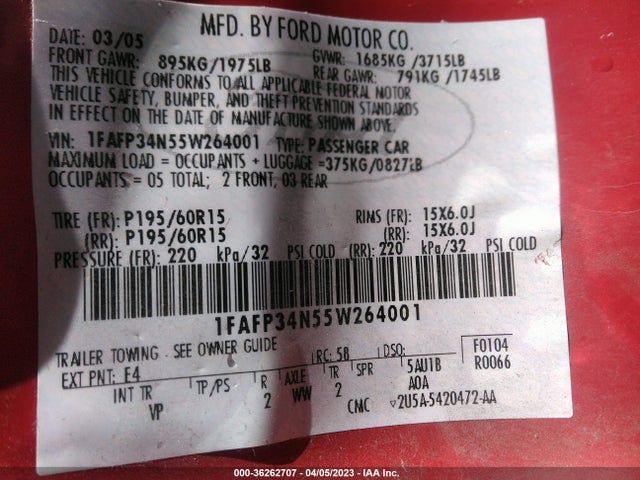 2005 FORD FOCUS S/SE/SES VIN: 1FAFP34N55W264001
