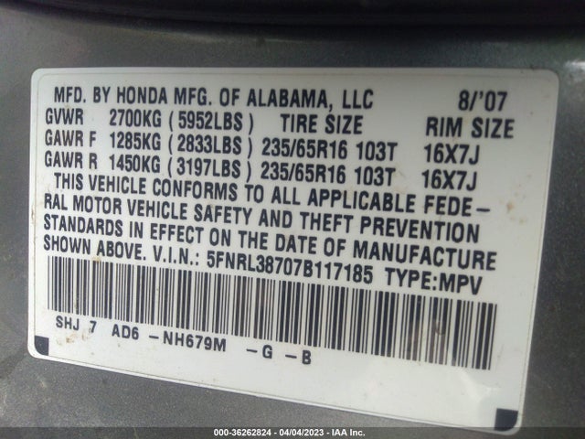 2007 HONDA ODYSSEY EX-L VIN: 5FNRL38707B117185