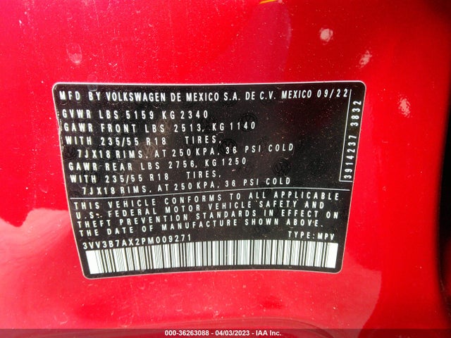 3VV3B7AX2PM009271 Volkswagen TIGUAN SE