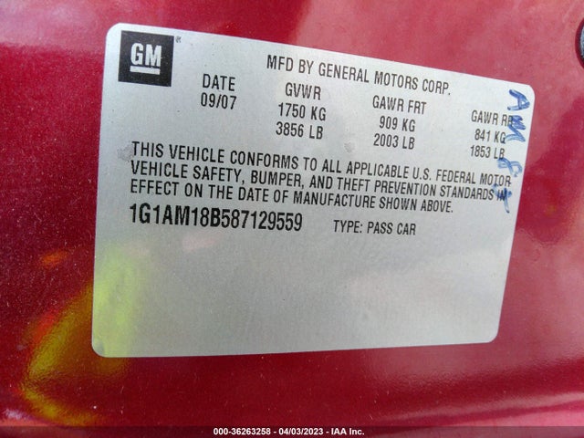 2008 CHEVROLET COBALT SPORT VIN: 1G1AM18B587129559