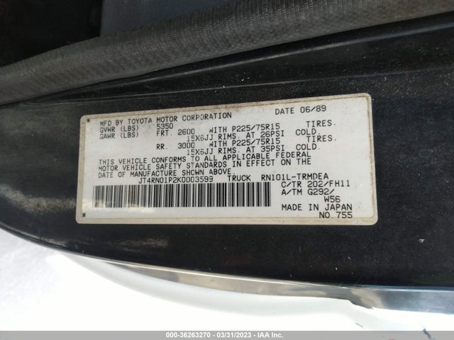 1989 TOYOTA PICKUP 1/2 TON SHT WHEELBASE DLX VIN: JT4RN01P2K0003599
