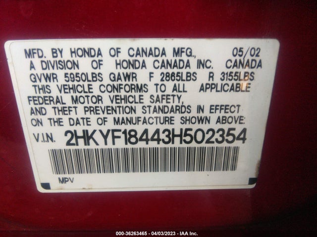 2003 HONDA PILOT EX VIN: 2HKYF18443H502354
