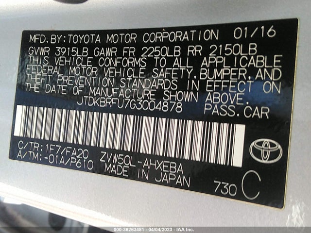 Toyota Prius Two 2016 JTDKBRFU7G3004878 Image 9