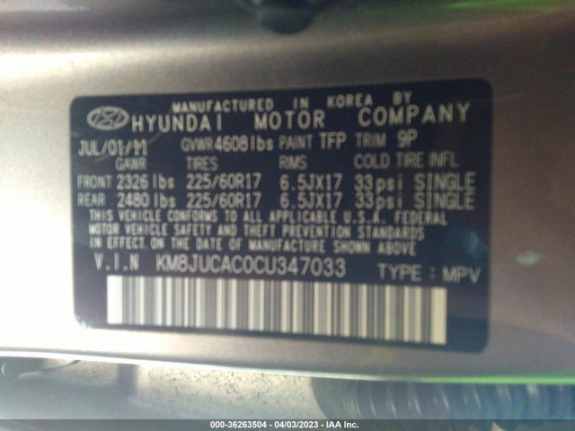 2012 HYUNDAI TUCSON GLS PZEV VIN: KM8JUCAC0CU347033