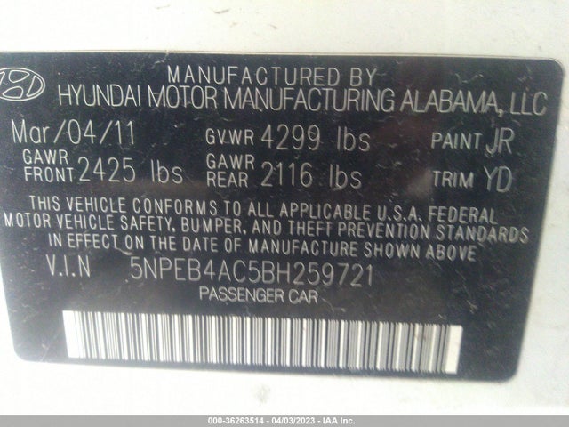 2011 HYUNDAI SONATA GLS VIN: 5NPEB4AC5BH259721