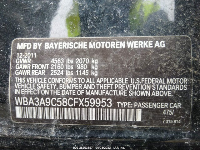 2012 BMW 3 SERIES 335I VIN: WBA3A9C58CFX59953