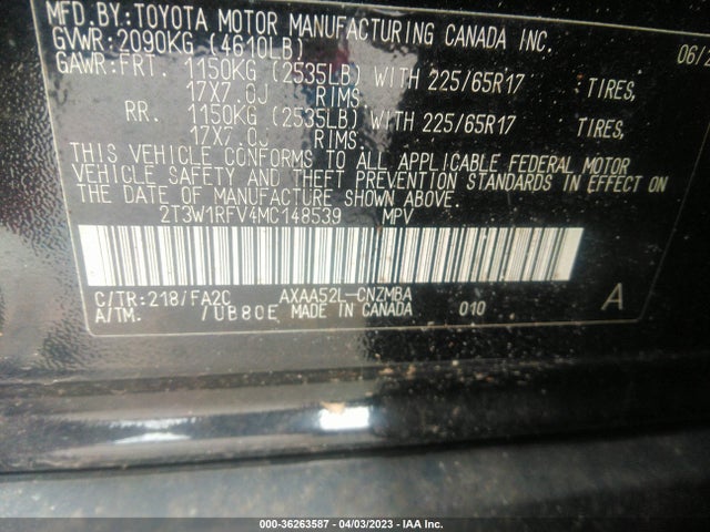 2021 TOYOTA RAV4 XLE VIN: 2T3W1RFV4MC148539