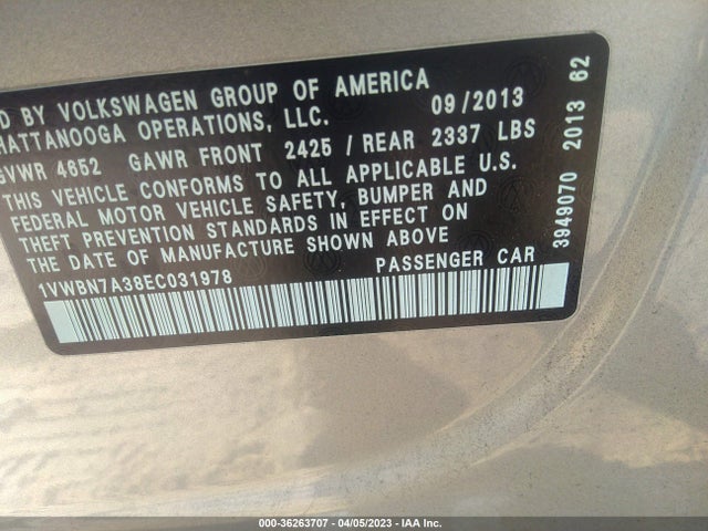 1VWBN7A38EC031978 Volkswagen Passat Tdi Se W/sunroof & Nav