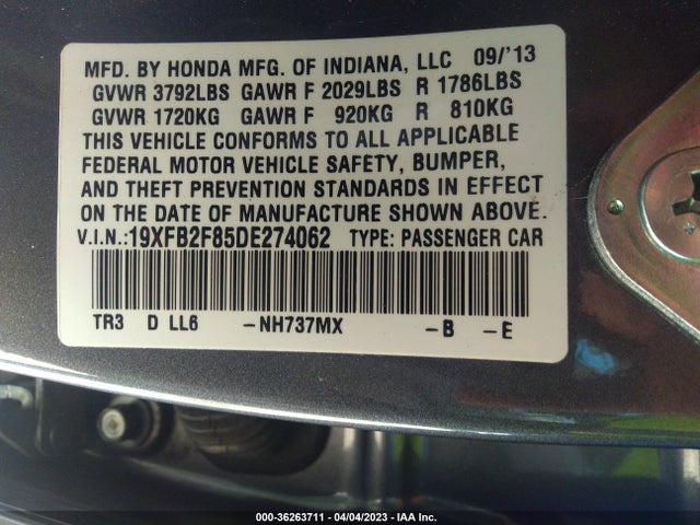 2013 HONDA CIVIC SDN EX VIN: 19XFB2F85DE274062