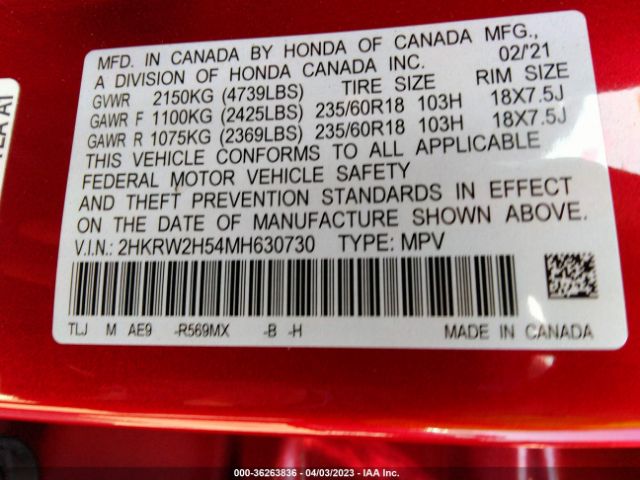 Honda CR-V EX 2021 2HKRW2H54MH630730 Image 9