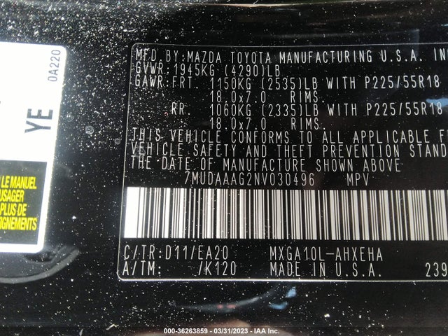 2022 TOYOTA COROLLA CROSS XLE VIN: 7MUDAAAG2NV030496