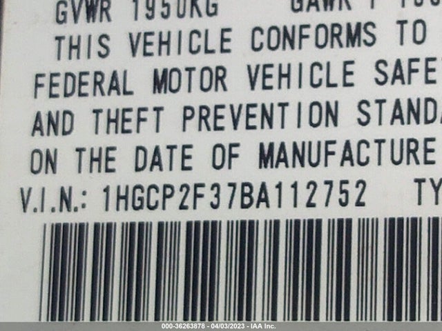 2011 HONDA ACCORD SDN LX VIN: 1HGCP2F37BA112752