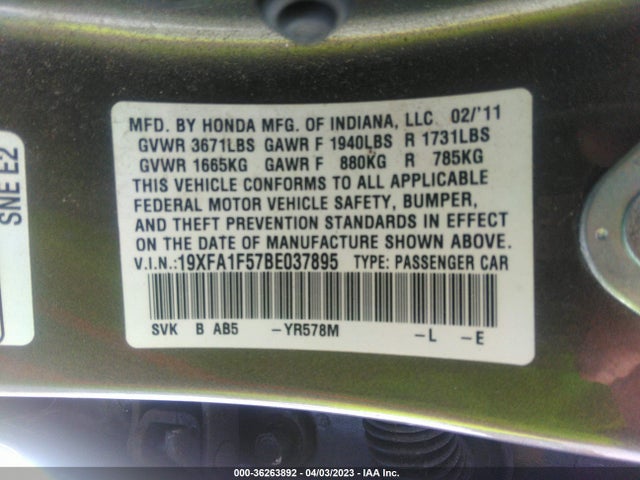 2011 HONDA CIVIC SDN LX VIN: 19XFA1F57BE037895