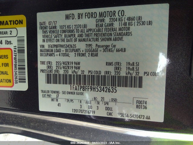 2017 FORD MUSTANG GT PREMIUM VIN: 1FATP8FF9H5342635