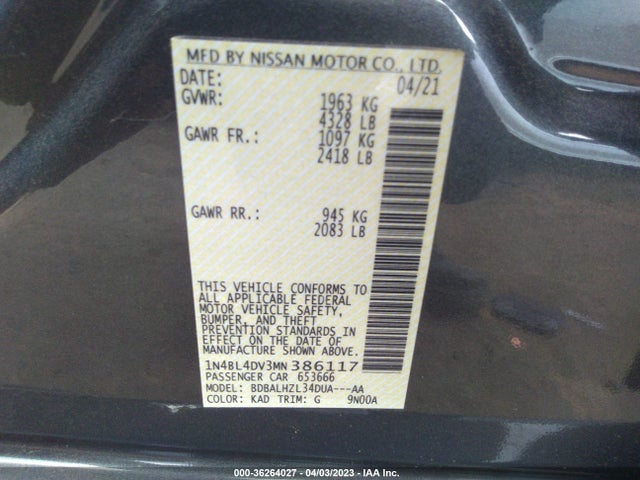 2021 NISSAN ALTIMA 2.5 SV VIN: 1N4BL4DV3MN386117