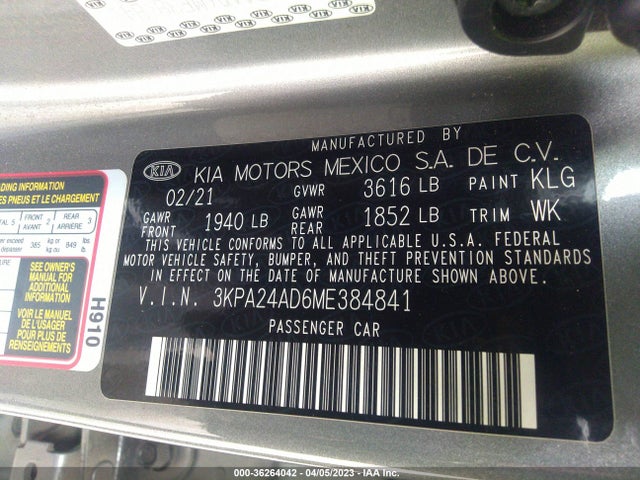 2021 KIA RIO S VIN: 3KPA24AD6ME384841