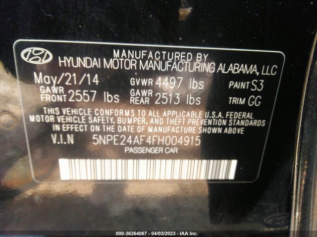 2015 HYUNDAI SONATA 2.4L SE VIN: 5NPE24AF4FH004915
