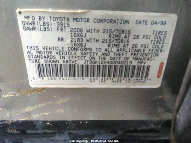 1999 TOYOTA RAV4 VIN: JT3GP10V4X0040219
